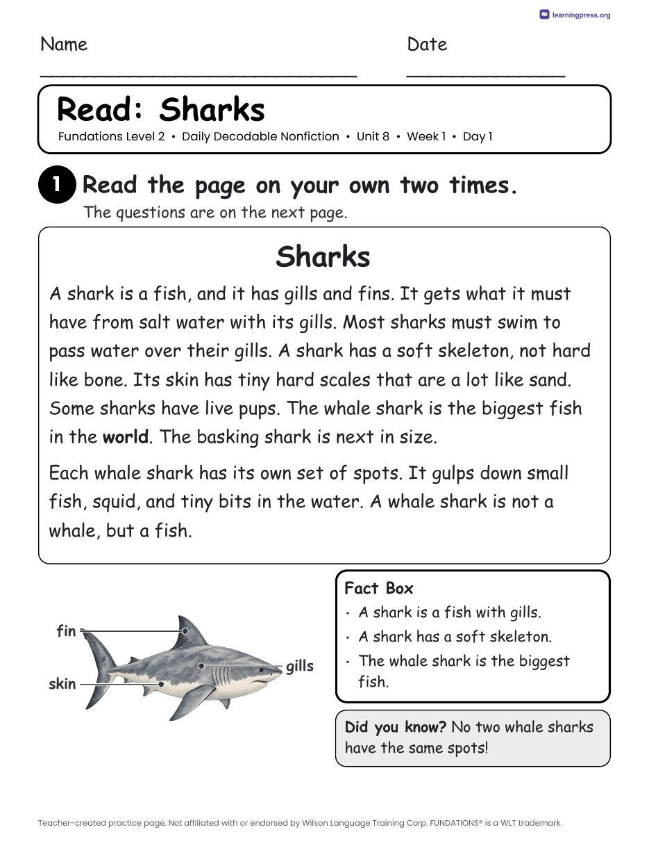 Preview page 1 of Fundations-Aligned Daily Decodable Nonfiction · Level 2 Unit 8