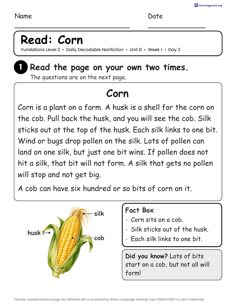 Preview page 4 of Fundations-Aligned Daily Decodable Nonfiction · Level 2 Unit 8