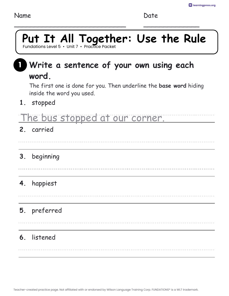 Preview page 4 of Fundations Level 5 Unit 7 Practice Packet