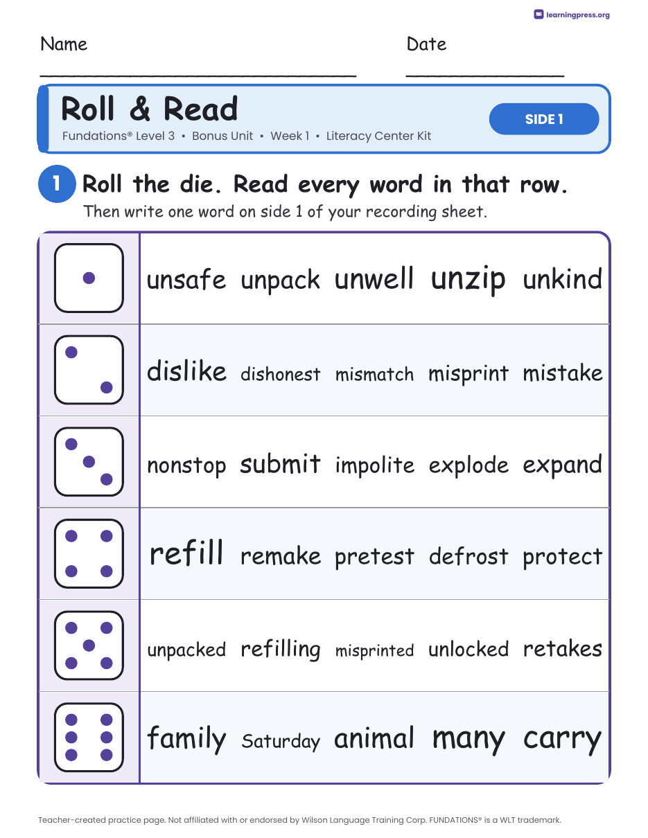 Preview page 1 of Fundations Level 3 Bonus Unit Week 1 Literacy Center Kit