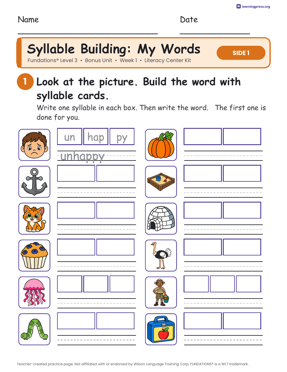Preview page 2 of Fundations Level 3 Bonus Unit Week 1 Literacy Center Kit
