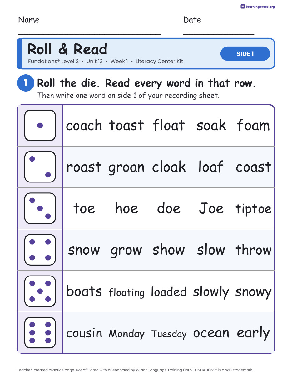 Preview page 1 of Fundations Level 2 Unit 13 Week 1 Literacy Center Kit