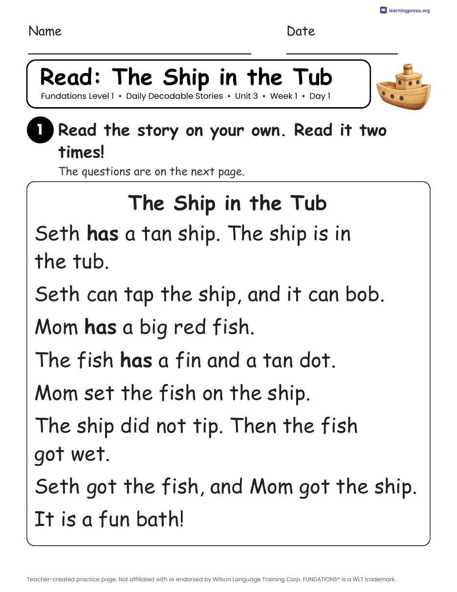 Preview page 1 of Fundations Level 1 Unit 3 Daily Decodable Stories
