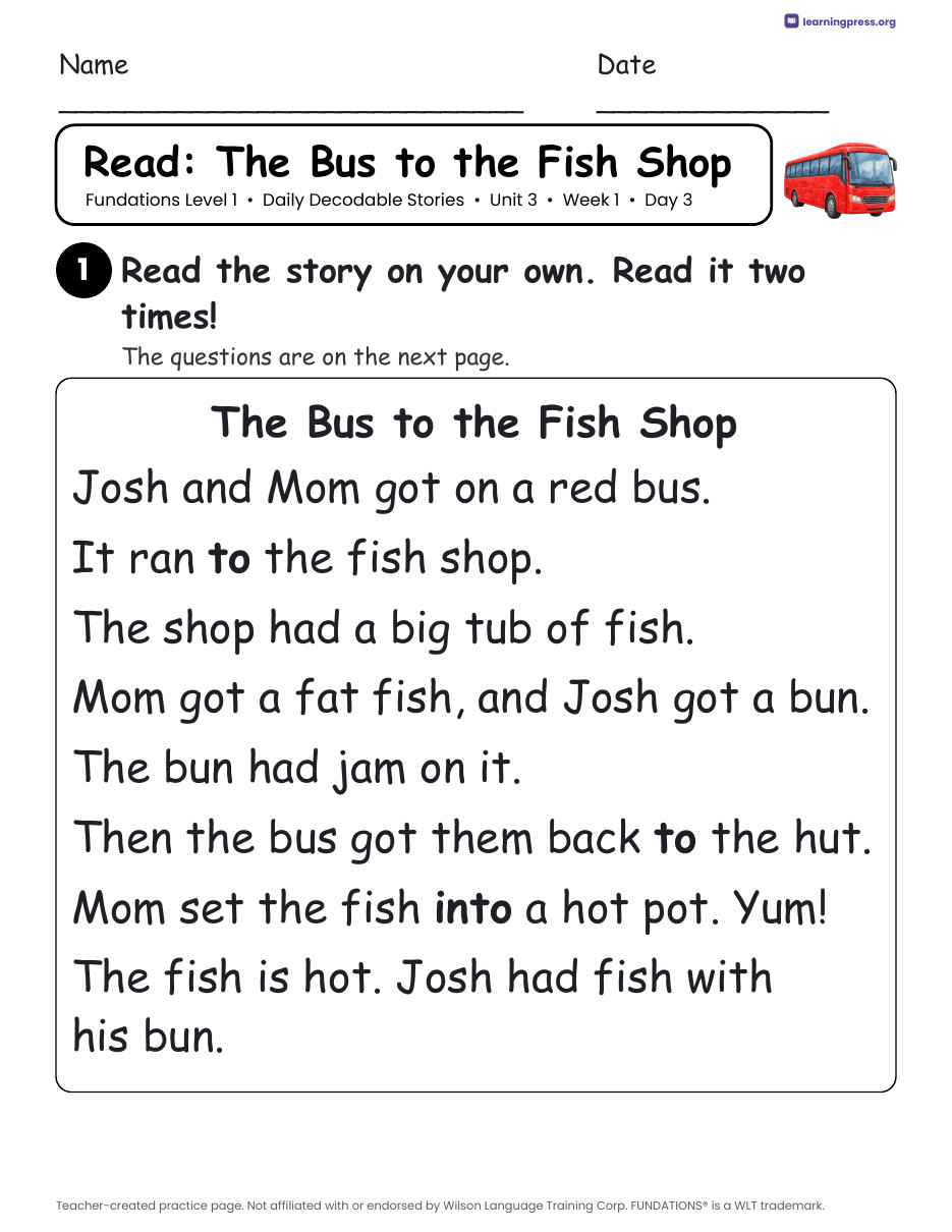 Preview page 2 of Fundations Level 1 Unit 3 Daily Decodable Stories