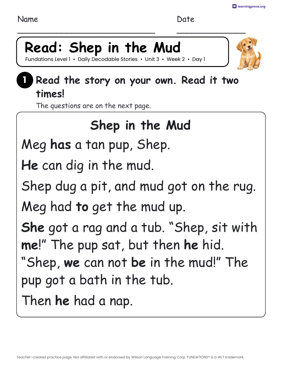Preview page 3 of Fundations Level 1 Unit 3 Daily Decodable Stories