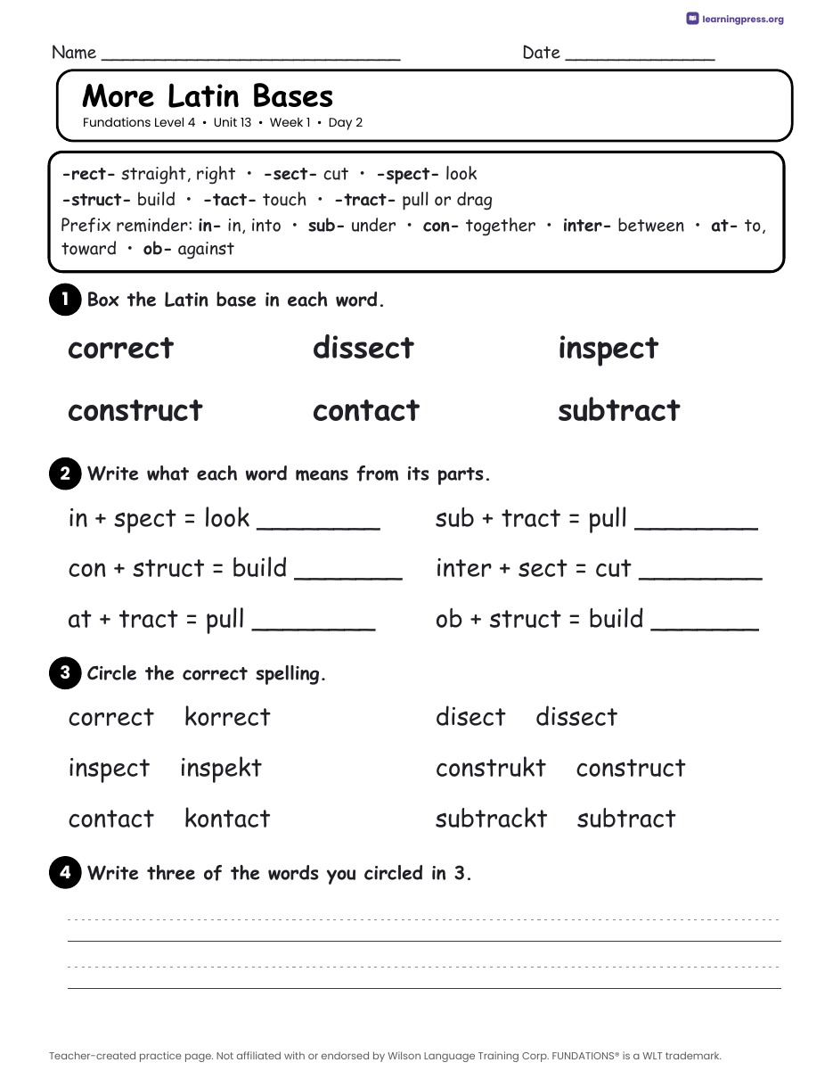 Preview page 1 of Fundations Level 4 Unit 13 Daily Lesson Work Pages