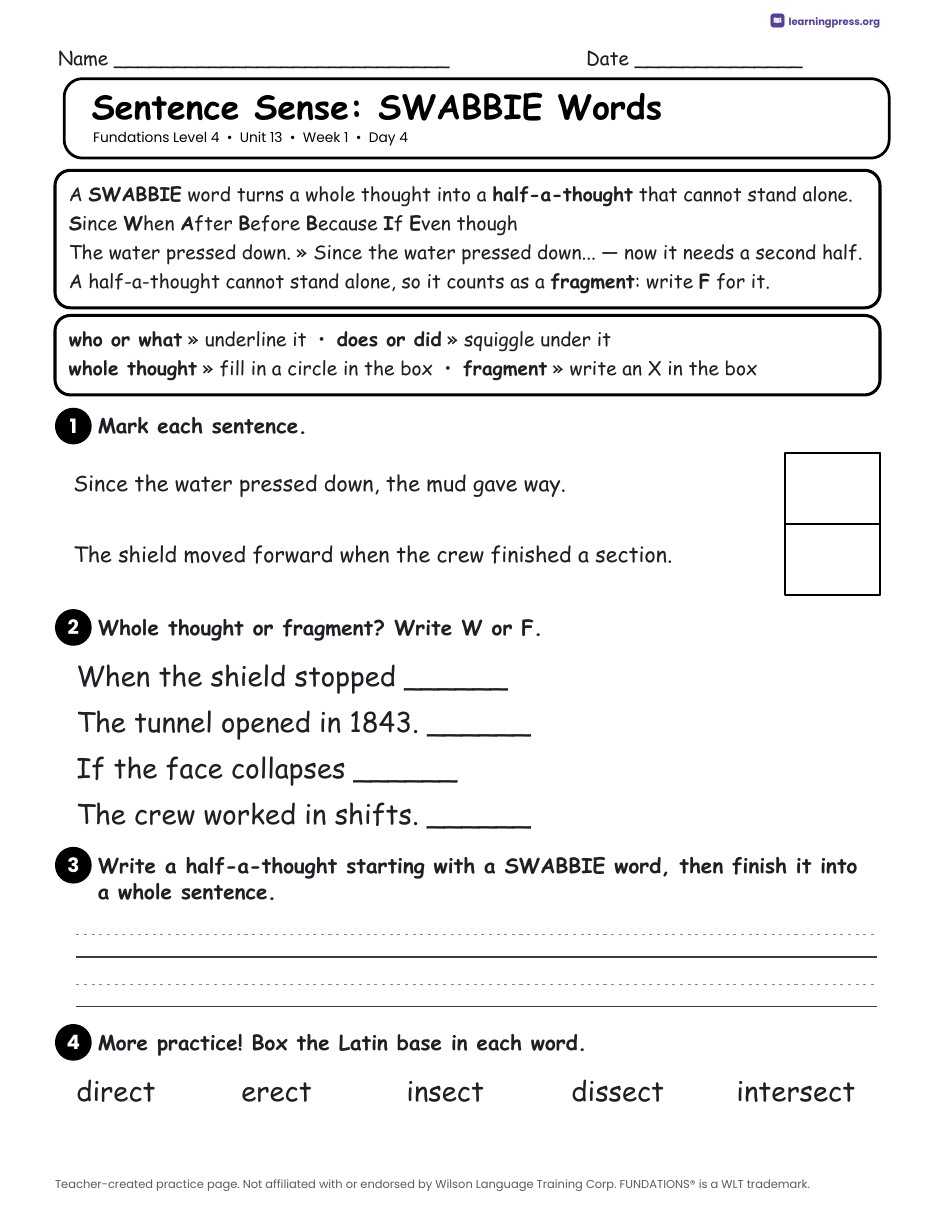 Preview page 2 of Fundations Level 4 Unit 13 Daily Lesson Work Pages