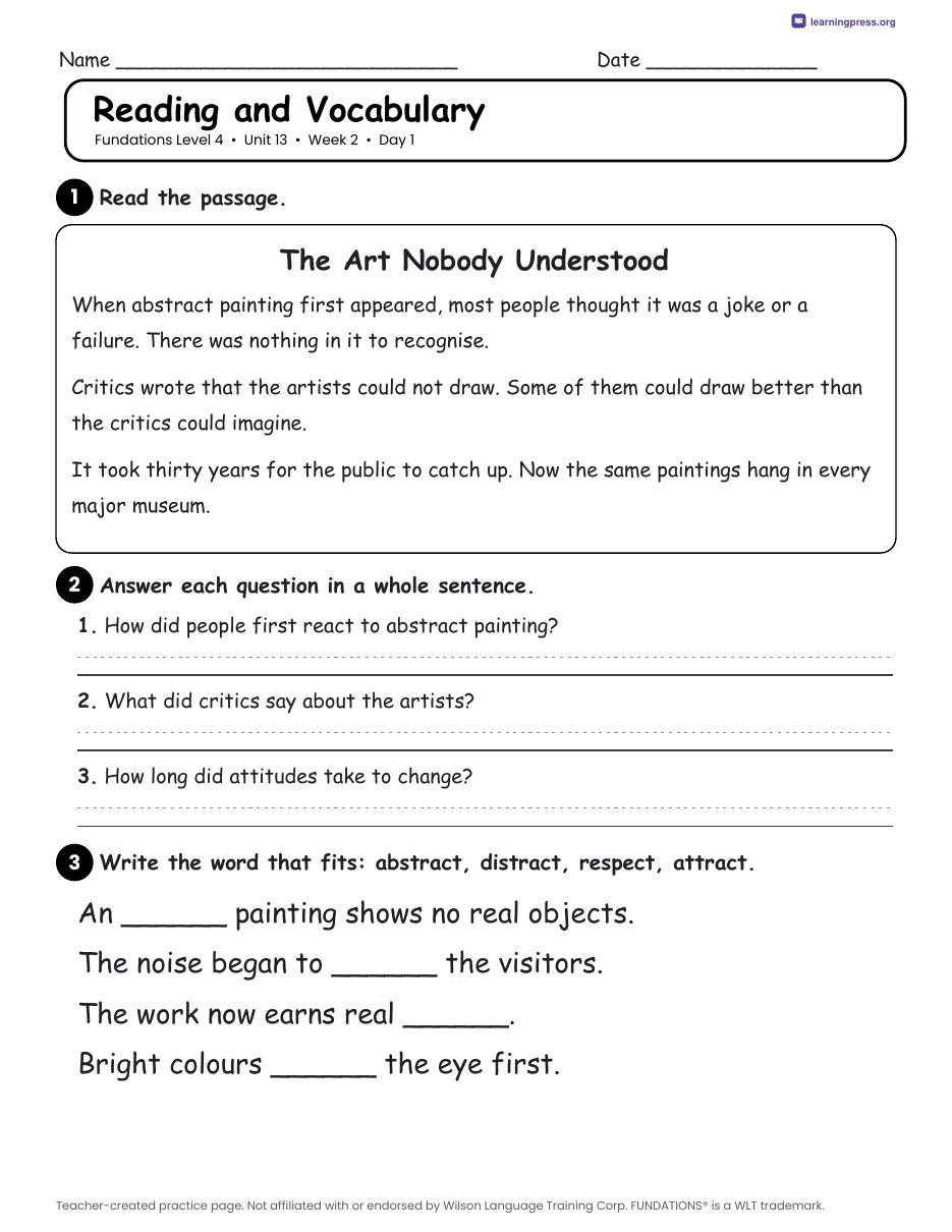Preview page 3 of Fundations Level 4 Unit 13 Daily Lesson Work Pages