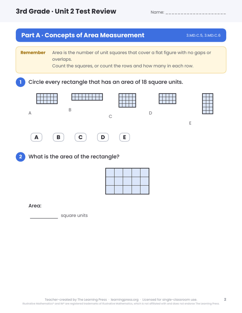 Preview page 1 of Illustrative Math (IM®) Aligned 3rd Grade Unit 2 Test Review