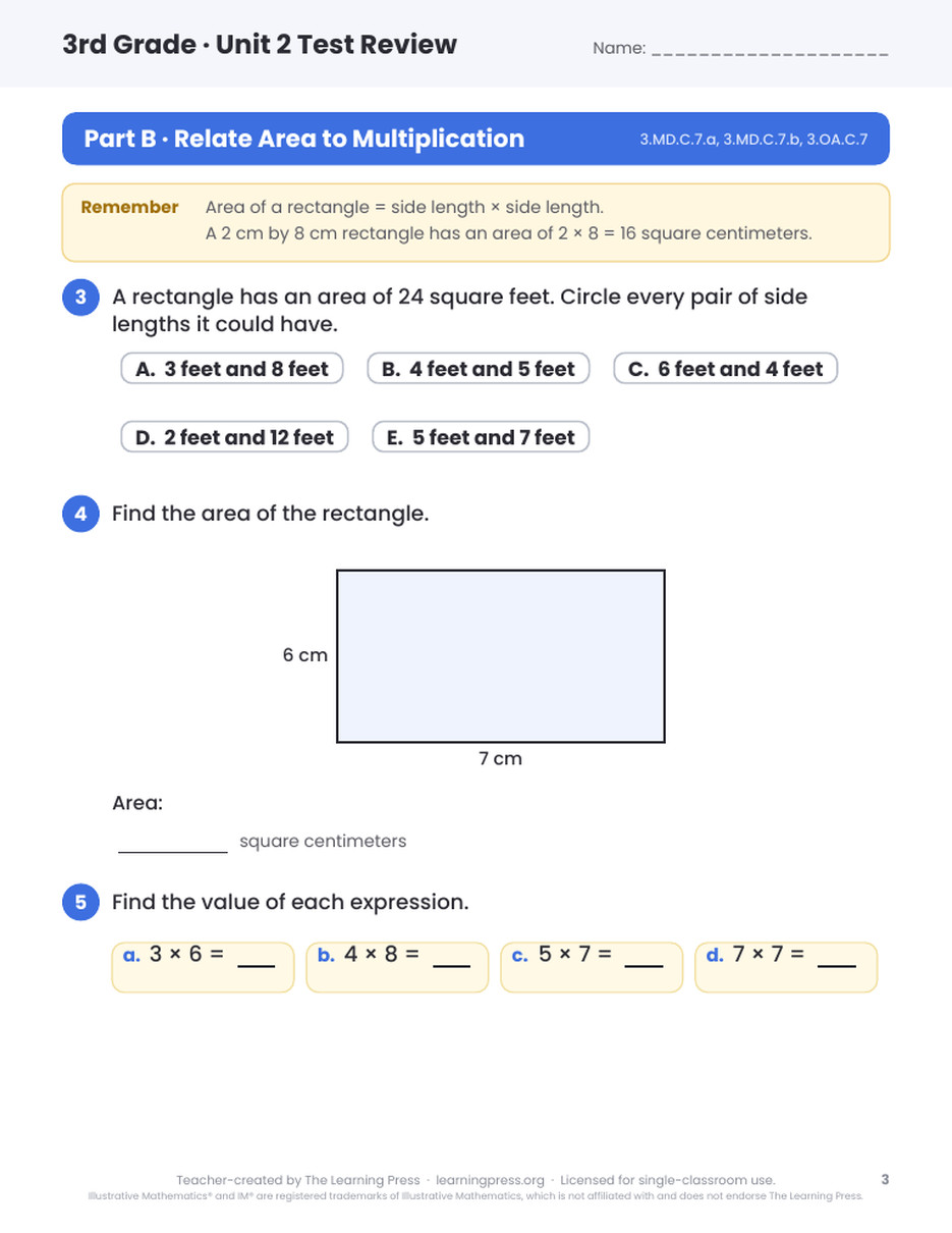 Preview page 2 of Illustrative Math (IM®) Aligned 3rd Grade Unit 2 Test Review