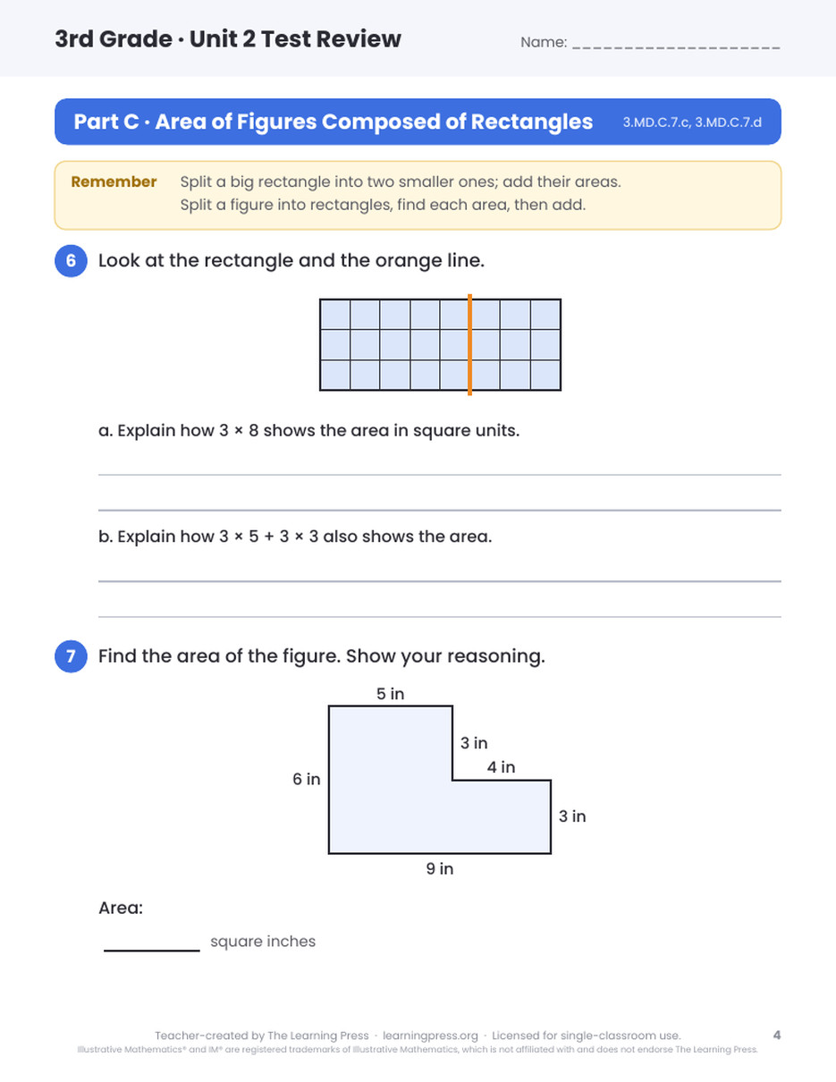 Preview page 3 of Illustrative Math (IM®) Aligned 3rd Grade Unit 2 Test Review