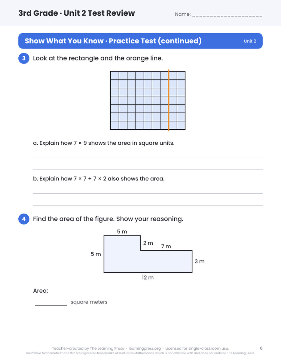 Preview page 4 of Illustrative Math (IM®) Aligned 3rd Grade Unit 2 Test Review