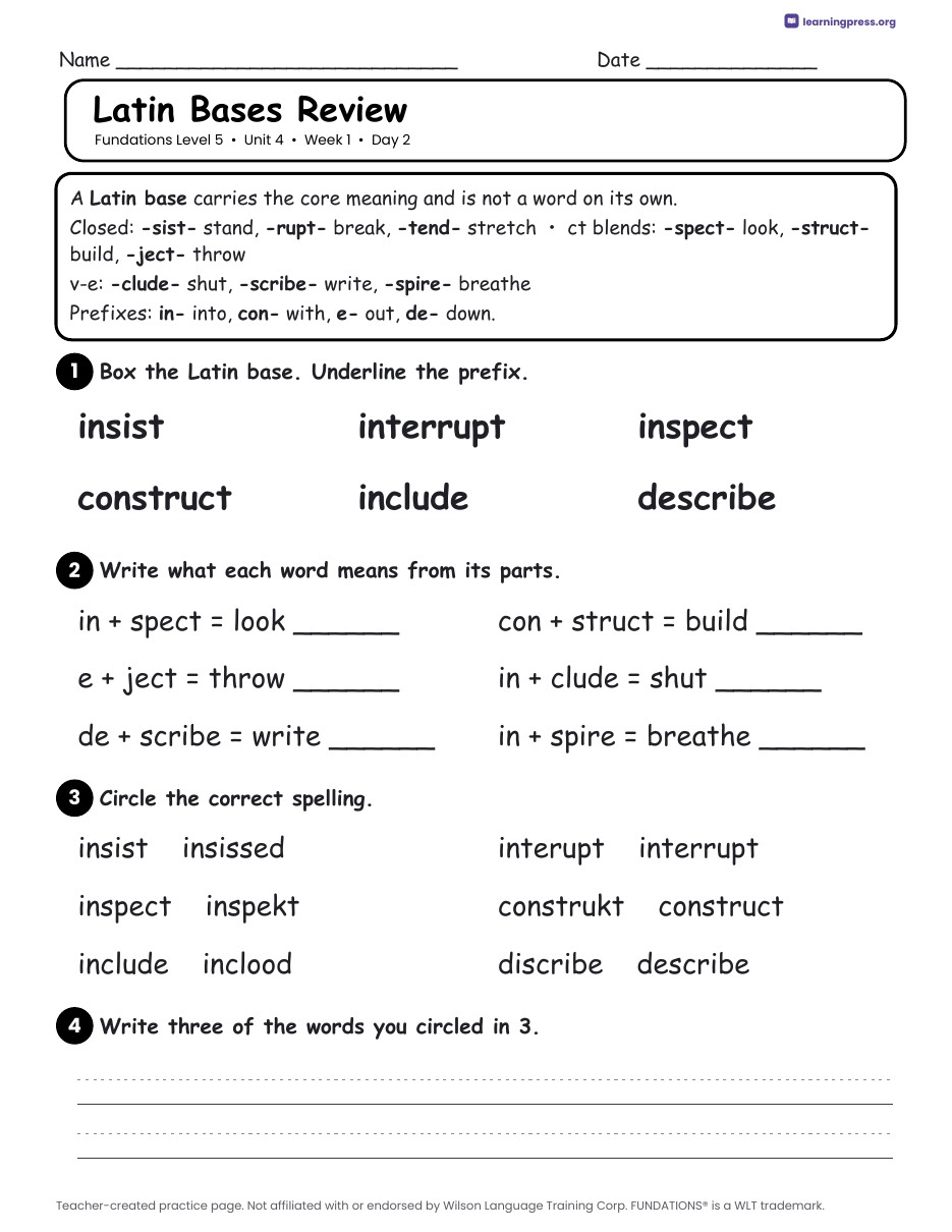 Preview page 1 of Fundations Level 5 Unit 4 Daily Lesson Work Pages