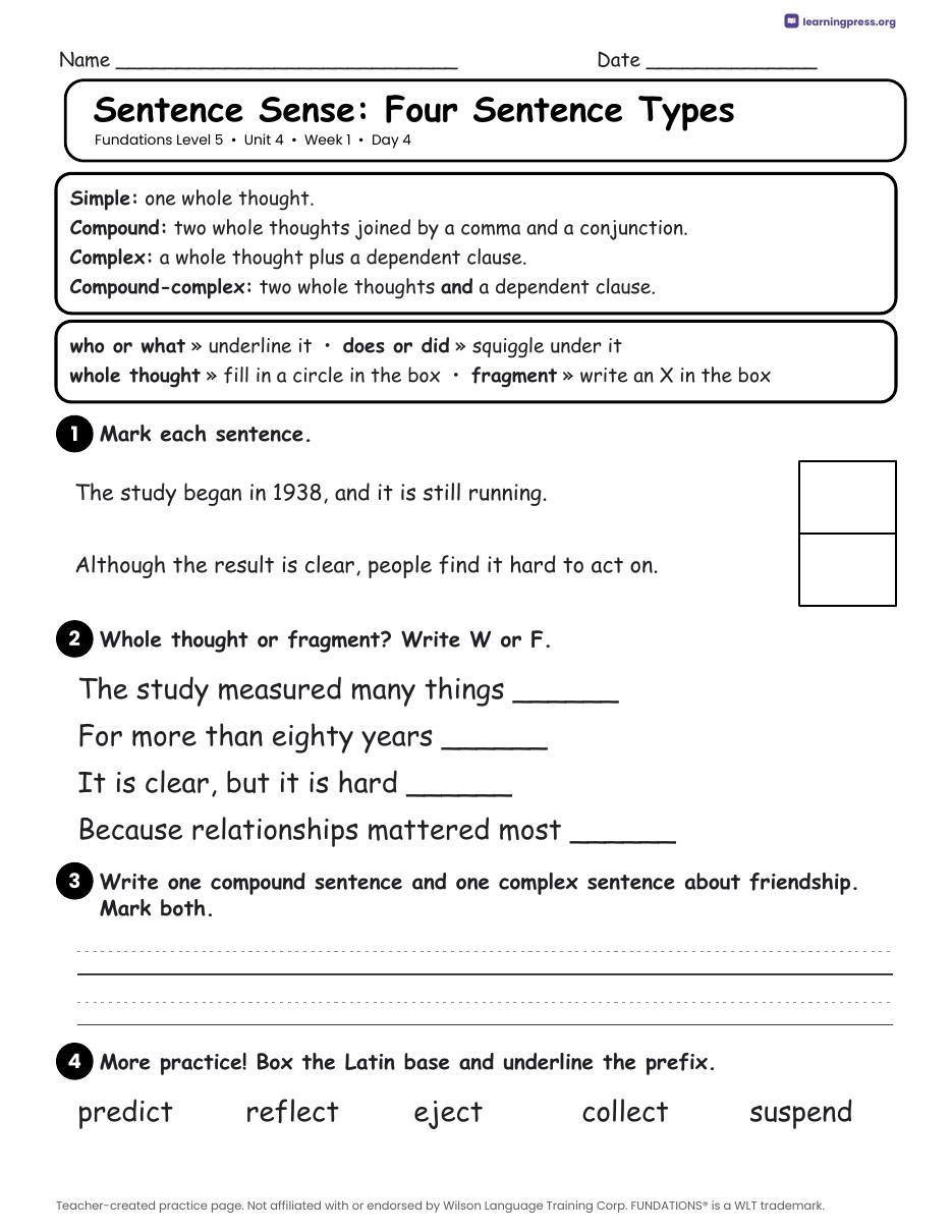 Preview page 2 of Fundations Level 5 Unit 4 Daily Lesson Work Pages