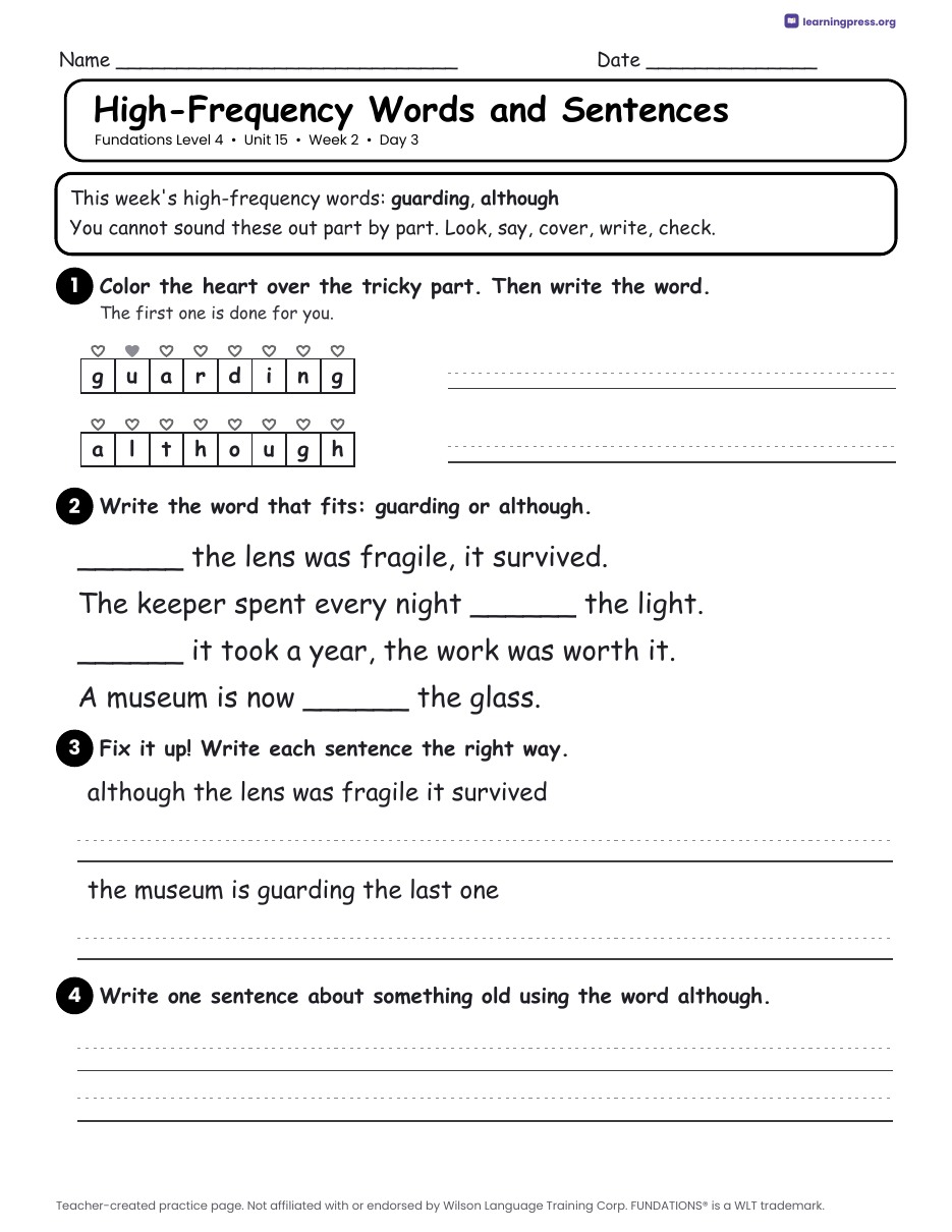 Preview page 4 of Fundations LEVEL 4 — Full-Year Daily Lesson Work Page Bundle (All Units 1–15)