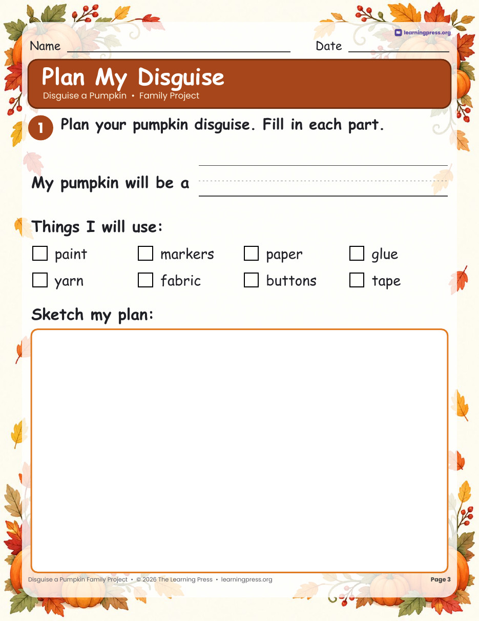Preview page 1 of Disguise a Pumpkin Family Project · No-Carve Halloween Pumpkin Activity