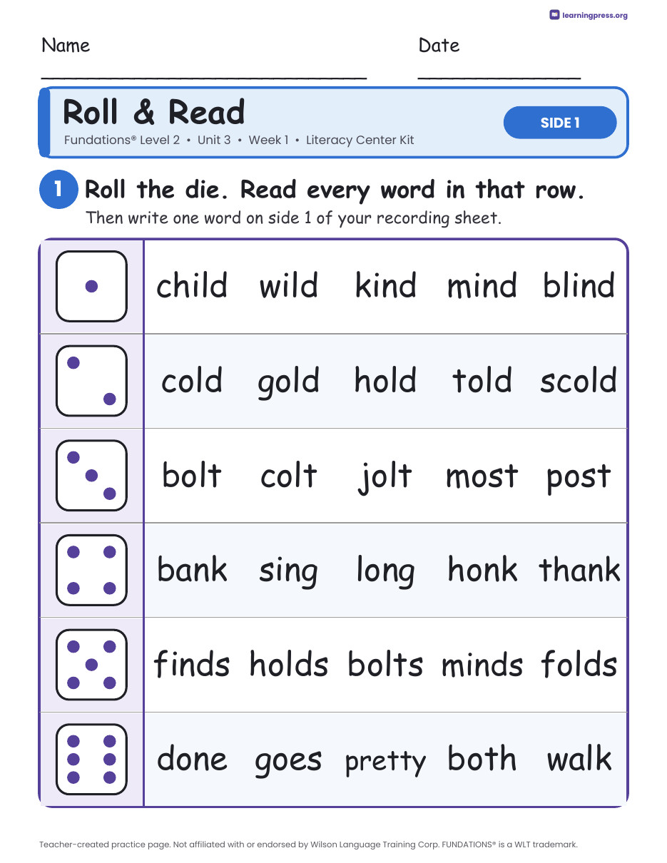 Preview page 1 of Fundations Level 2 Unit 3 Week 1 Literacy Center Kit