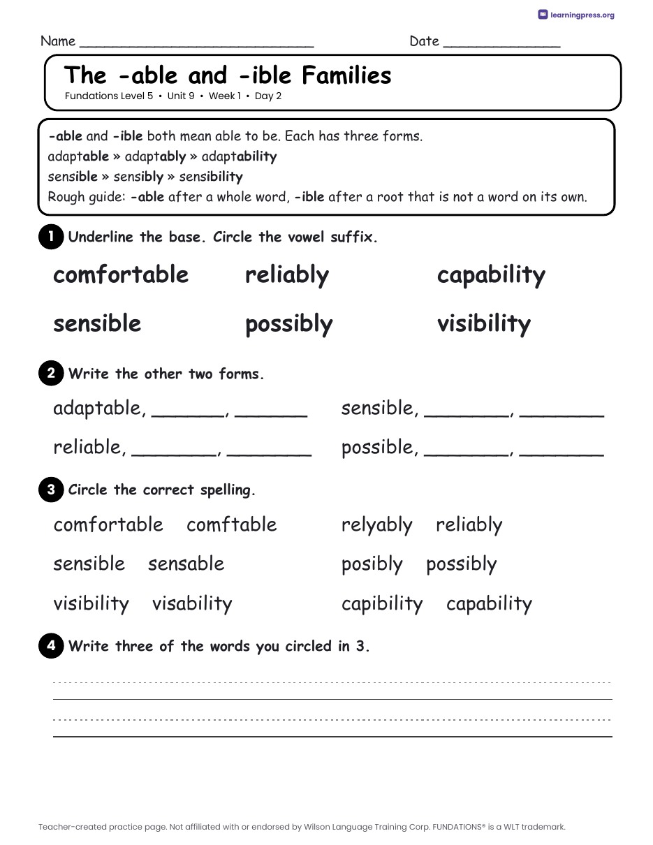 Preview page 1 of Fundations Level 5 Unit 9 Daily Lesson Work Pages