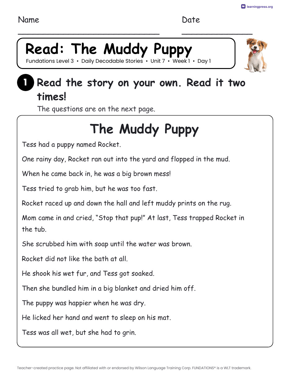 Preview page 1 of Fundations Level 3 Unit 7 Daily Decodable Stories