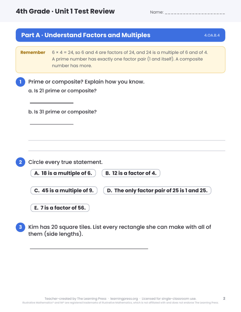 Preview page 1 of Illustrative Math (IM®) Aligned 4th Grade Unit 1 Test Review