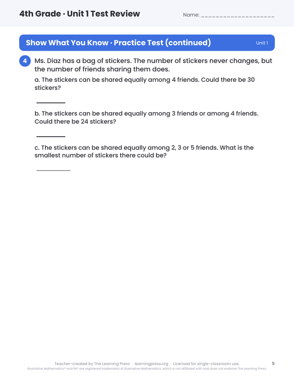 Preview page 3 of Illustrative Math (IM®) Aligned 4th Grade Unit 1 Test Review