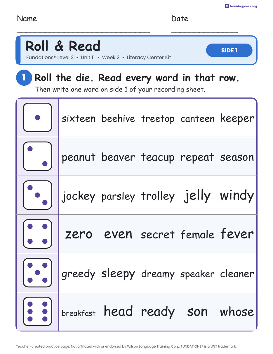 Preview page 1 of Fundations Level 2 Unit 11 Week 2 Literacy Center Kit