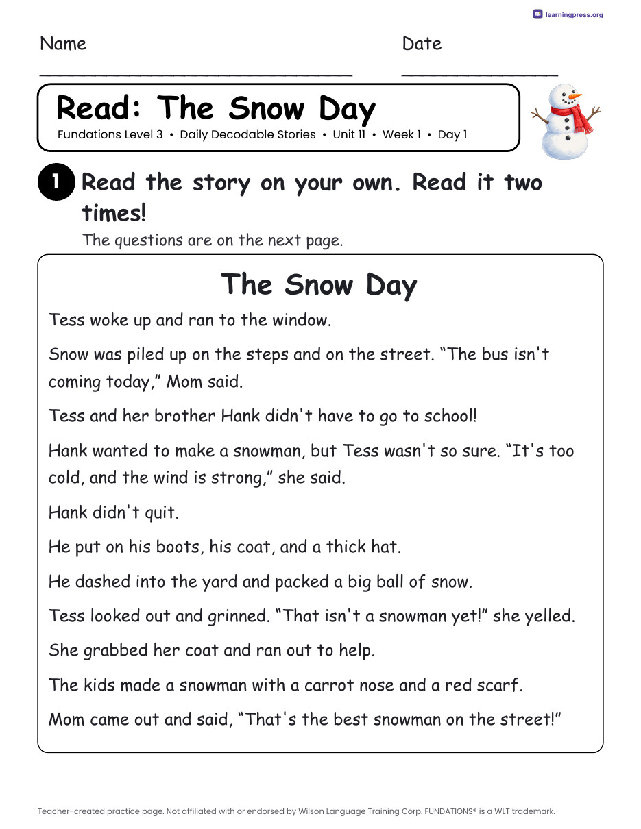 Preview page 1 of Fundations Level 3 Unit 11 Daily Decodable Stories