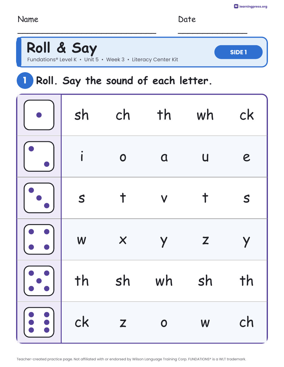 Preview page 1 of Fundations Level K Unit 5 Week 3 Literacy Center Kit