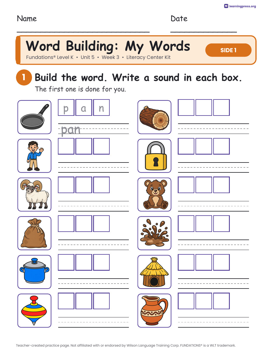 Preview page 2 of Fundations Level K Unit 5 Week 3 Literacy Center Kit