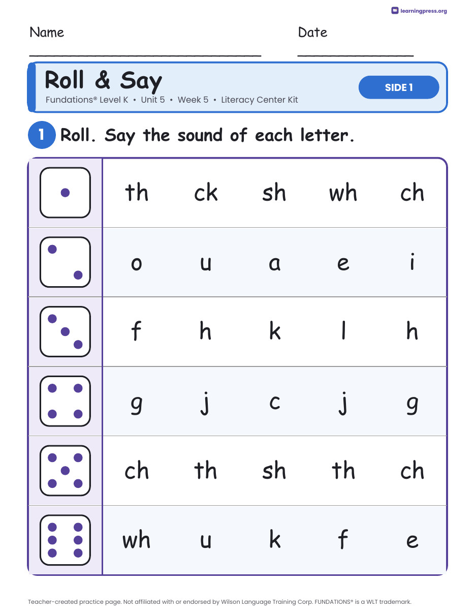 Preview page 1 of Fundations Level K Unit 5 Week 5 Literacy Center Kit
