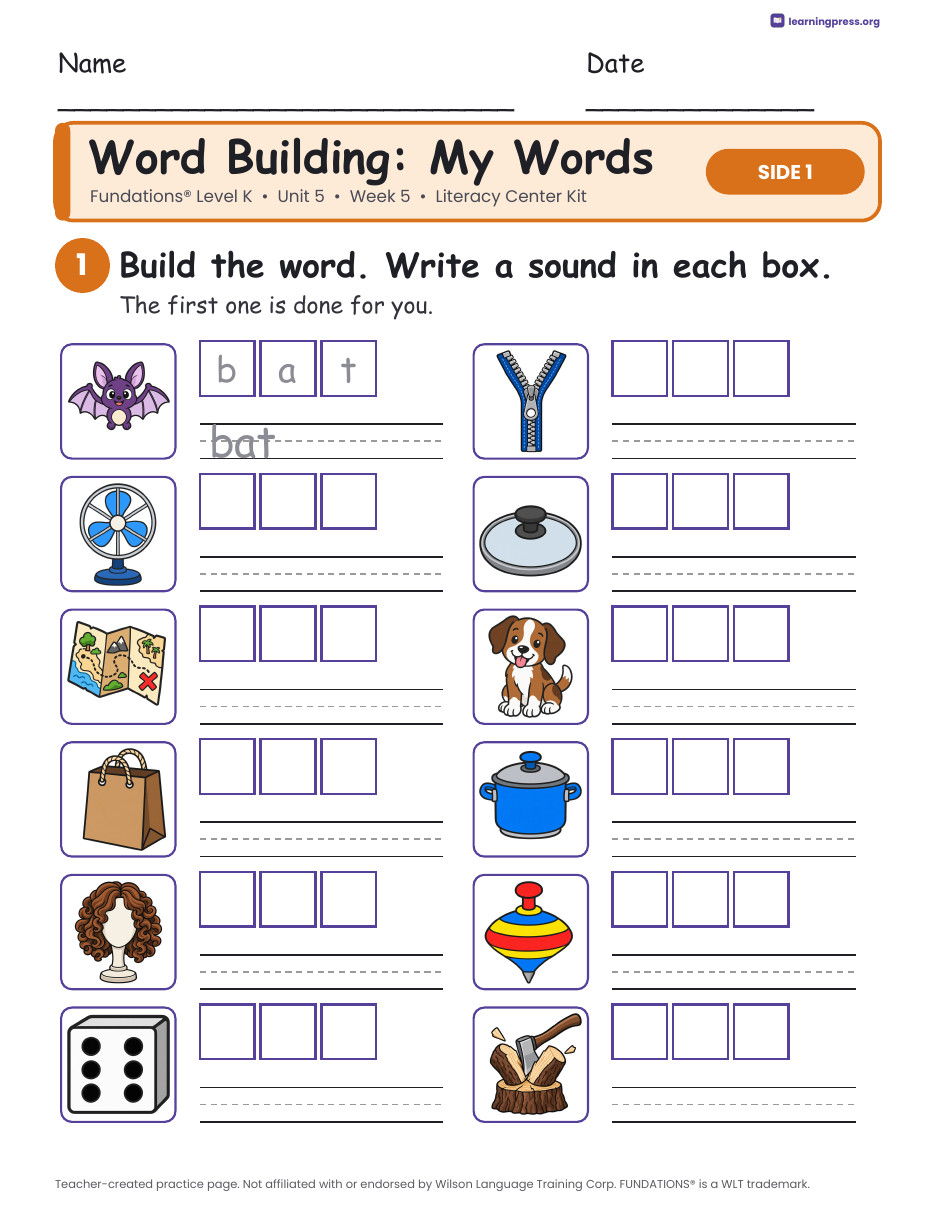 Preview page 2 of Fundations Level K Unit 5 Week 5 Literacy Center Kit