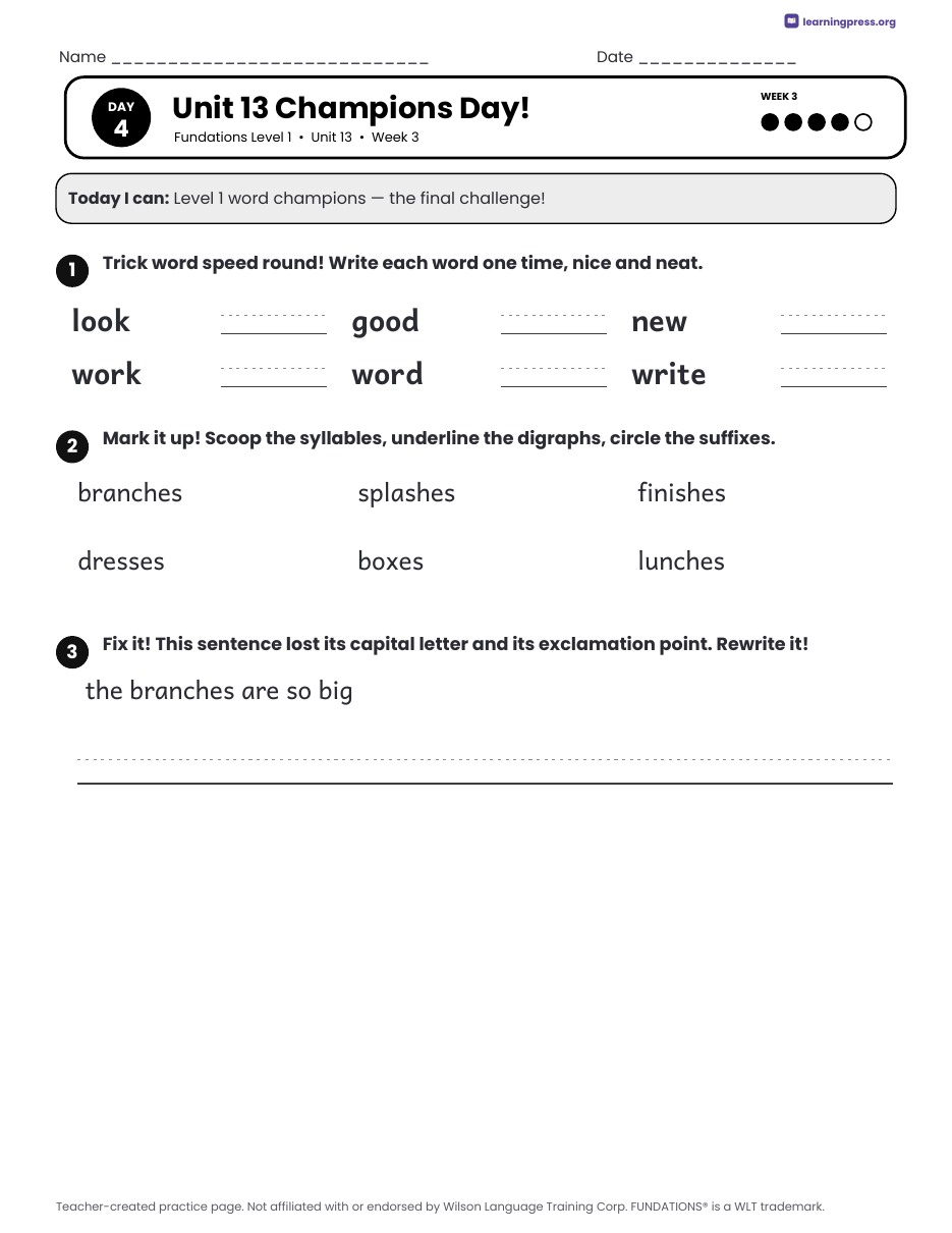 Preview page 4 of Fundations Level 1 Unit 13 Daily Lesson Work Pages