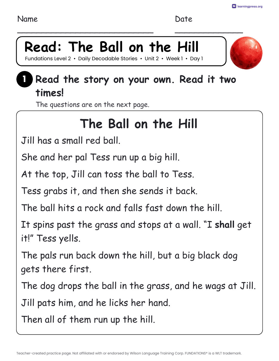 Preview page 1 of Fundations Level 2 Unit 2 Daily Decodable Stories