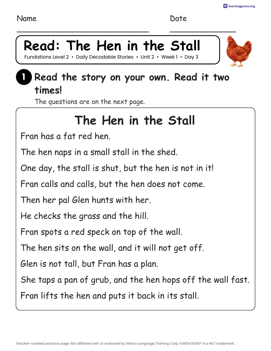 Preview page 2 of Fundations Level 2 Unit 2 Daily Decodable Stories