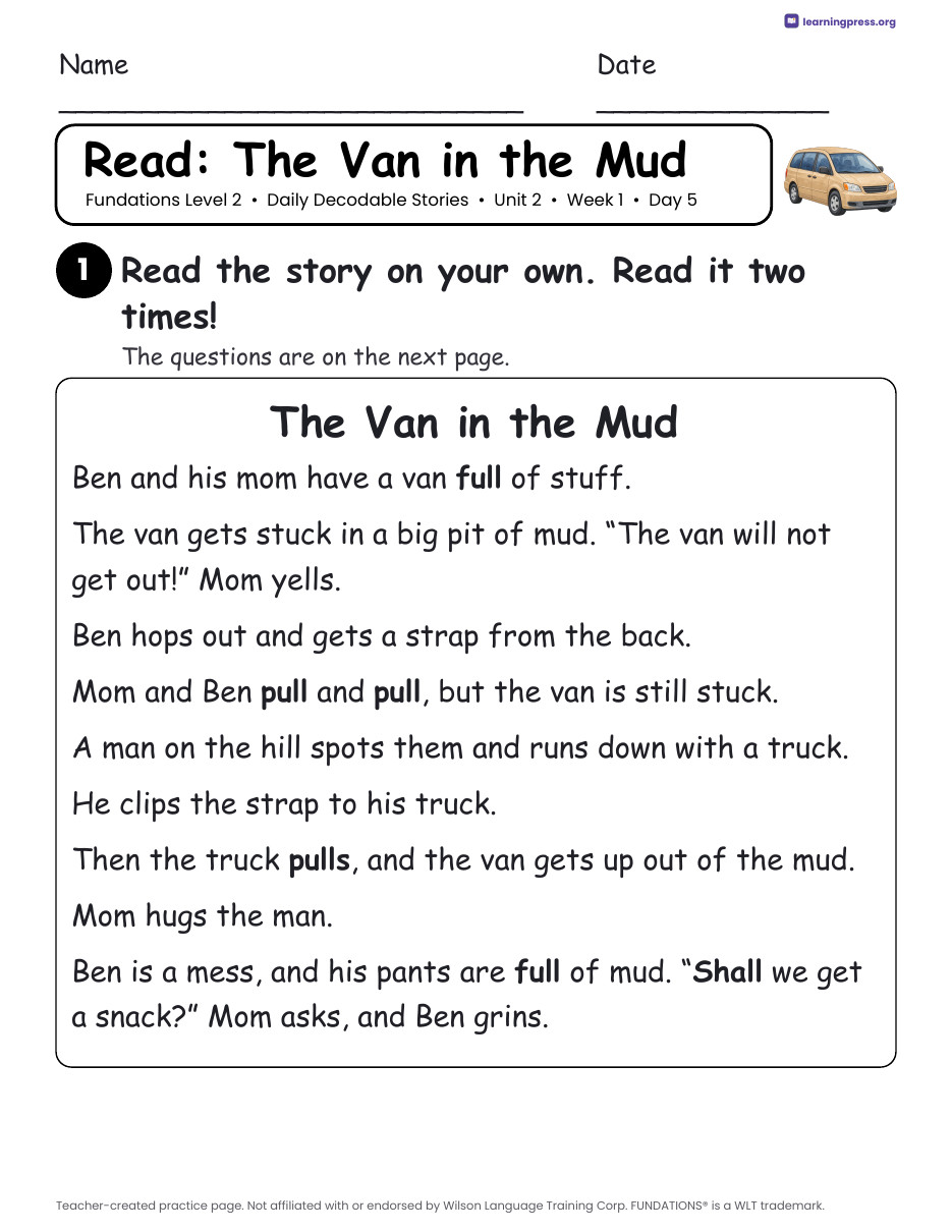 Preview page 3 of Fundations Level 2 Unit 2 Daily Decodable Stories