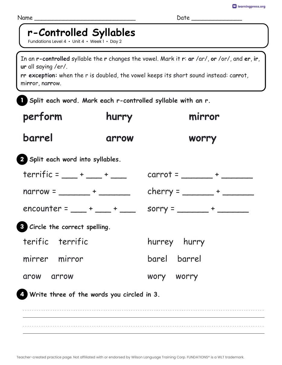 Preview page 1 of Fundations Level 4 Unit 4 Daily Lesson Work Pages