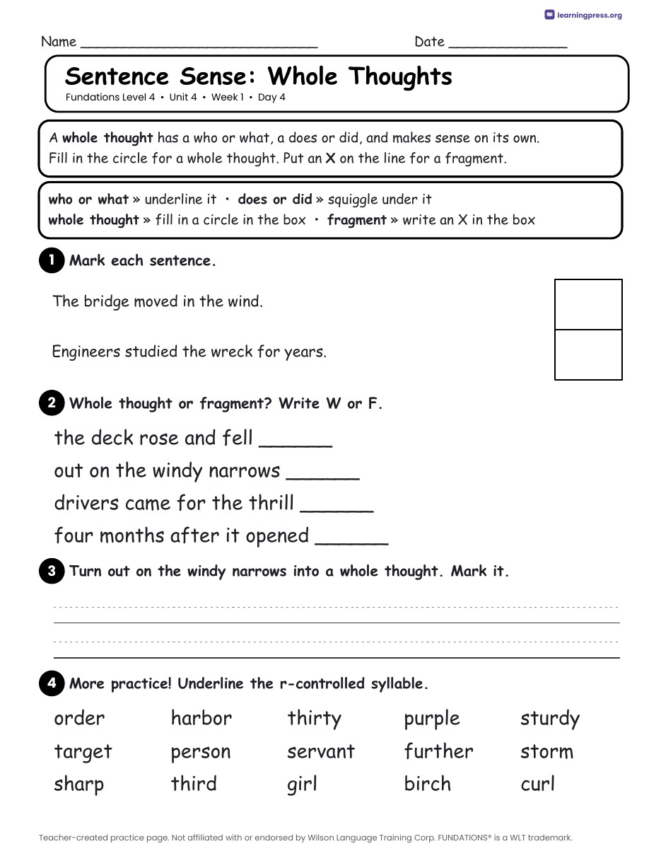 Preview page 2 of Fundations Level 4 Unit 4 Daily Lesson Work Pages