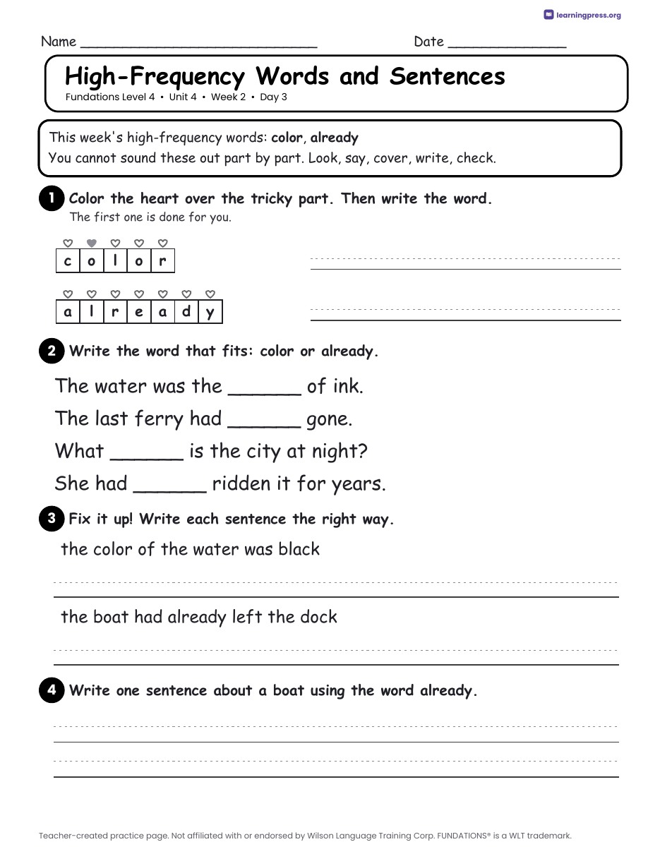 Preview page 4 of Fundations Level 4 Unit 4 Daily Lesson Work Pages