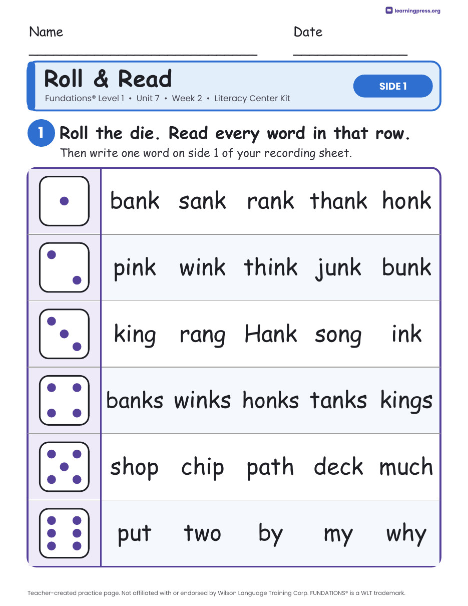 Preview page 1 of Fundations Level 1 Unit 7 Week 2 Literacy Center Kit