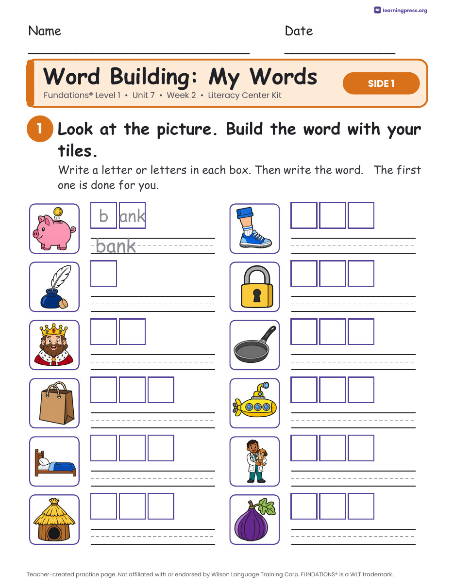 Preview page 2 of Fundations Level 1 Unit 7 Week 2 Literacy Center Kit