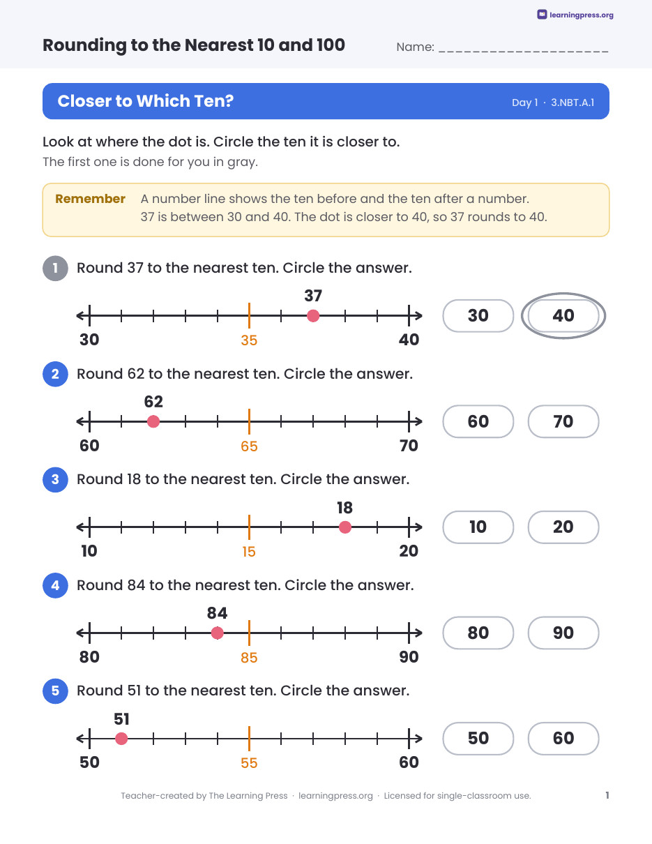 Preview page 1 of Rounding to the Nearest 10 and 100 Worksheets, Slides & Quiz