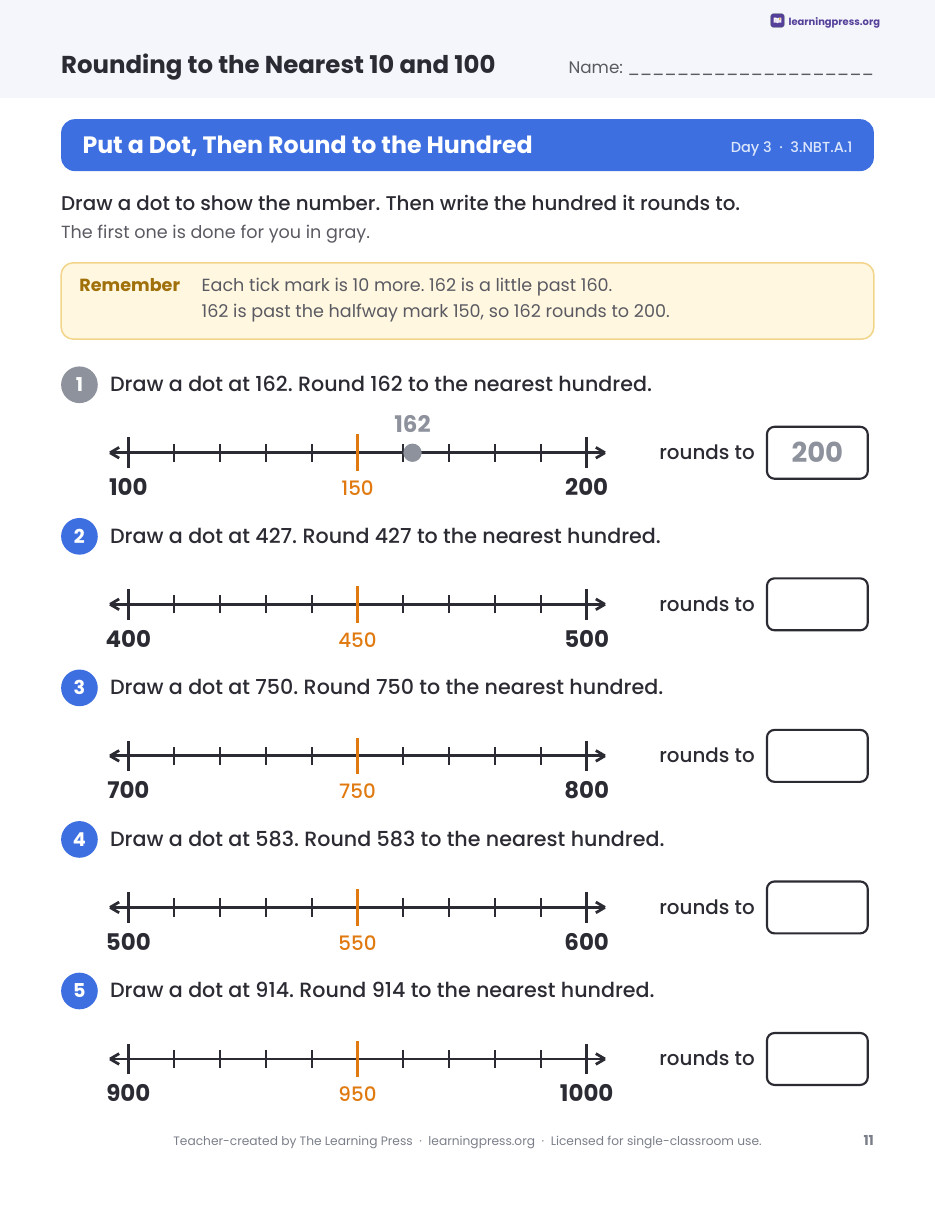 Preview page 3 of Rounding to the Nearest 10 and 100 Worksheets, Slides & Quiz