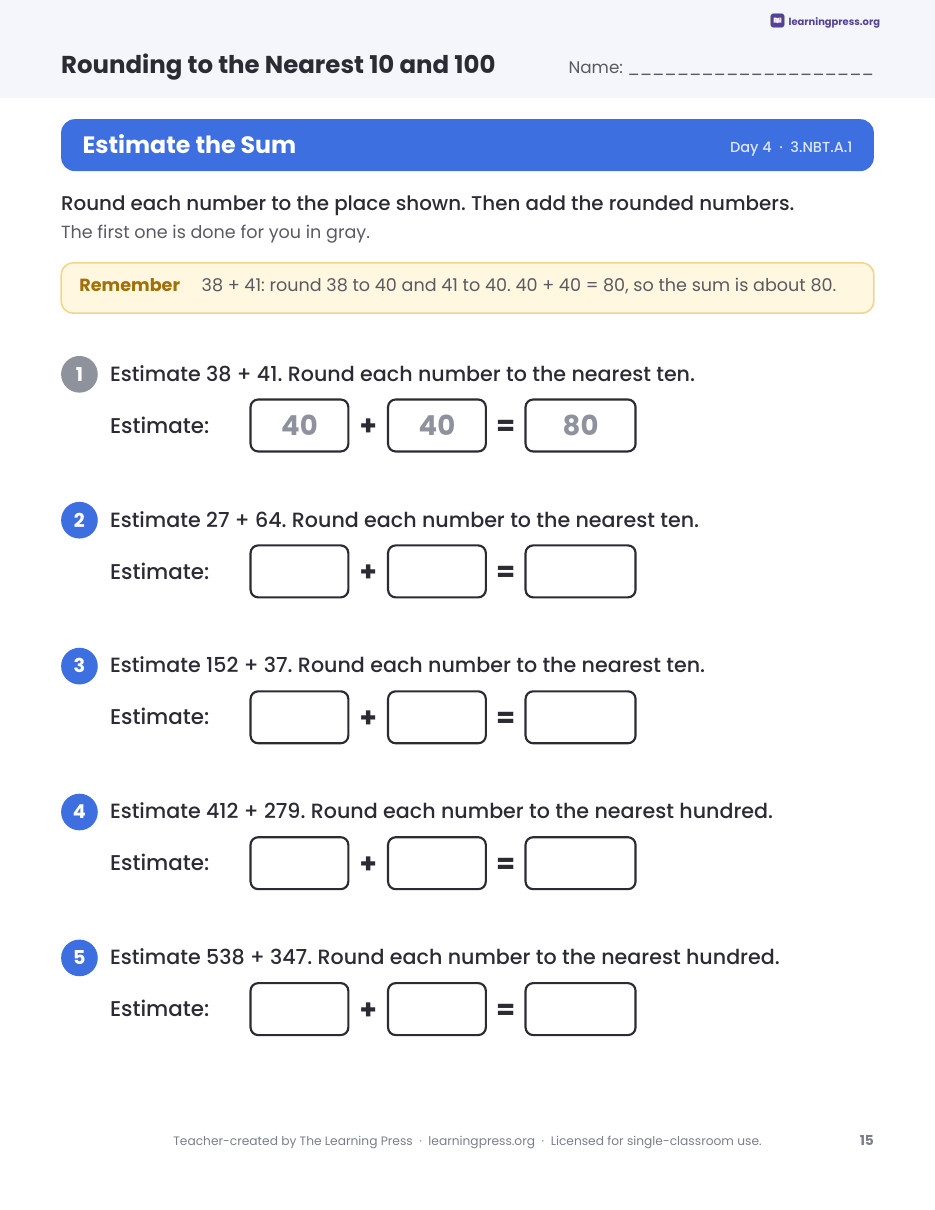 Preview page 4 of Rounding to the Nearest 10 and 100 Worksheets, Slides & Quiz