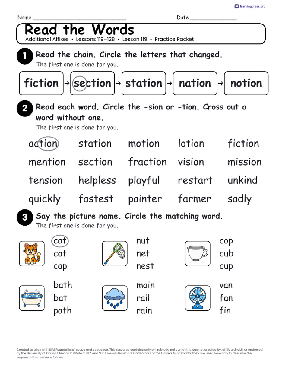 Preview page 2 of Additional Affixes Unit Bundle · Lessons 119–128