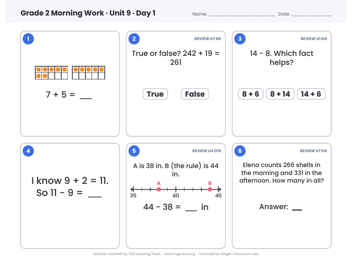 Preview page 1 of Illustrative Math (IM®) Aligned 2nd Grade Unit 9 Morning Work