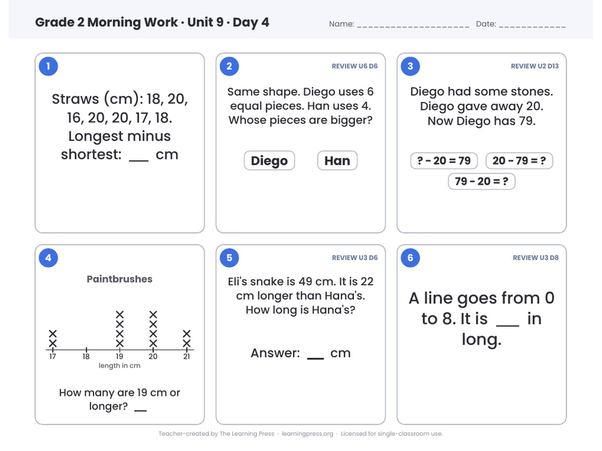 Preview page 2 of Illustrative Math (IM®) Aligned 2nd Grade Unit 9 Morning Work