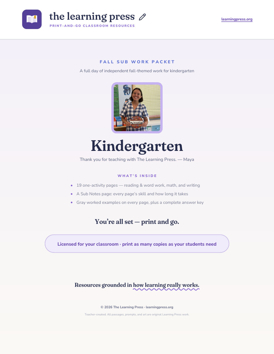 Preview page 1 of Fall Sub Work Packet · Kindergarten
