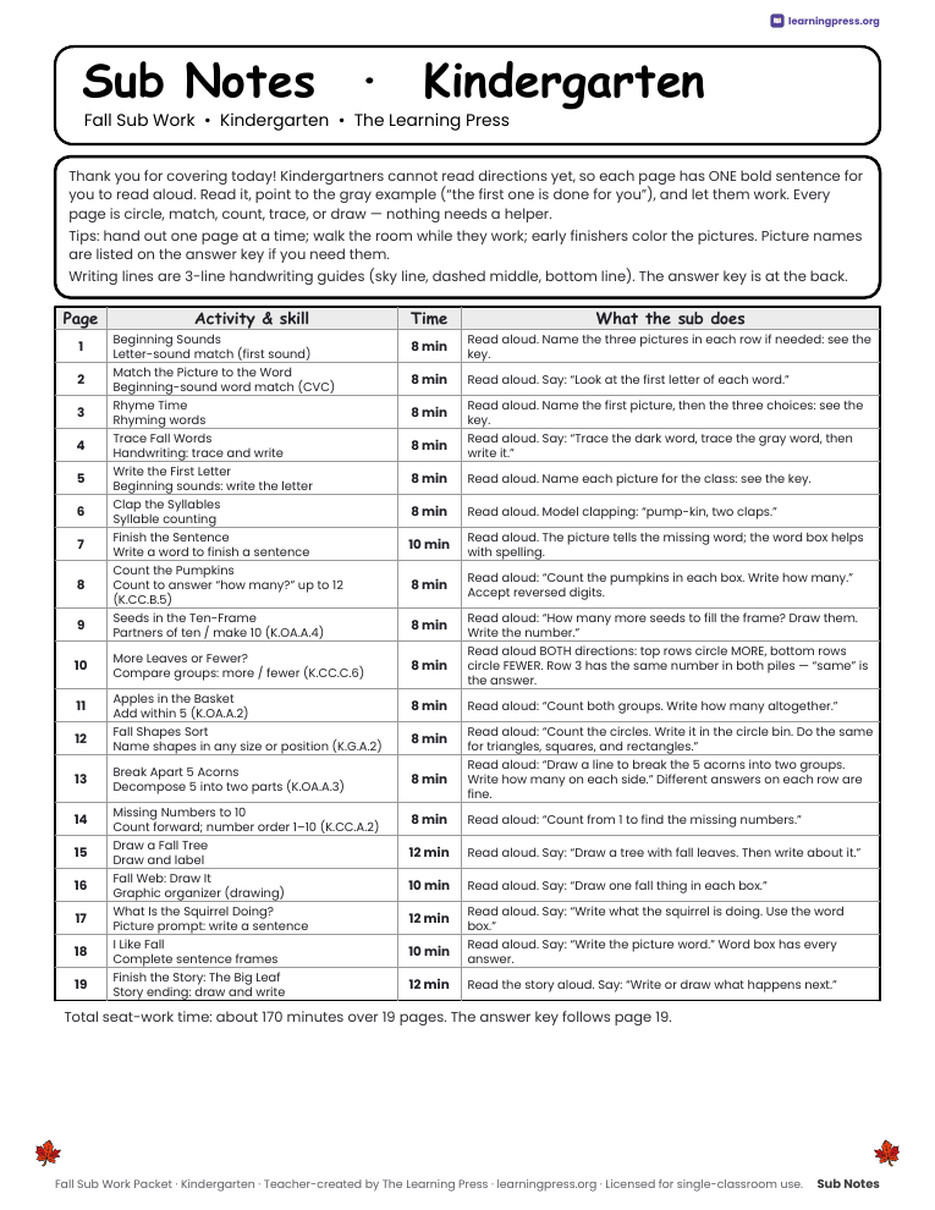 Preview page 2 of Fall Sub Work Packet · Kindergarten