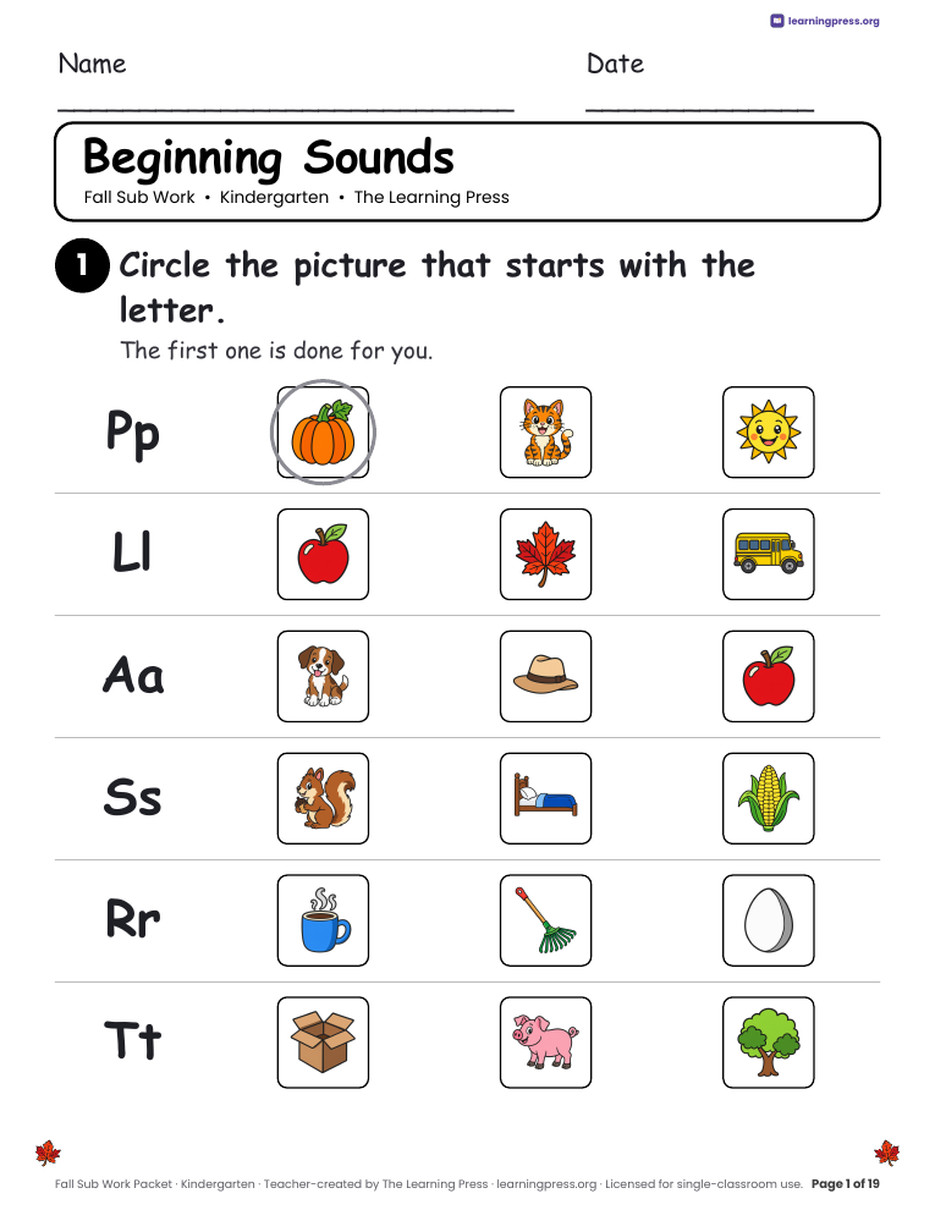 Preview page 3 of Fall Sub Work Packet · Kindergarten