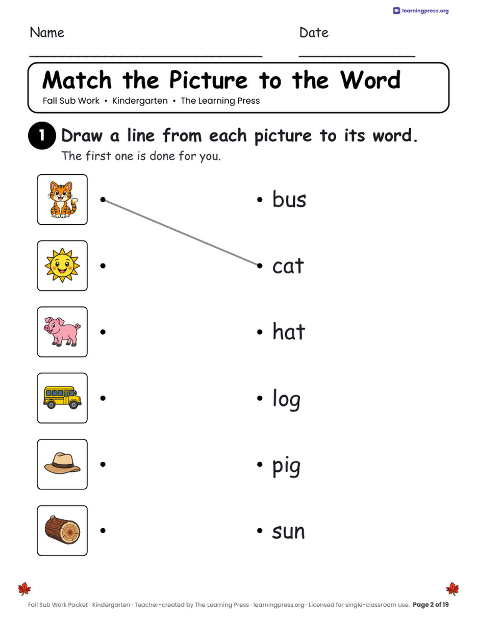 Preview page 4 of Fall Sub Work Packet · Kindergarten